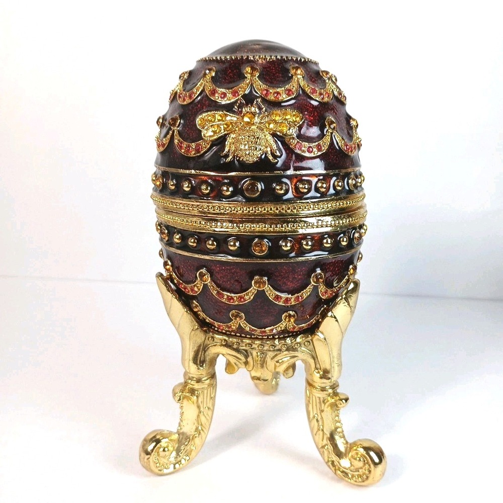 Fabergé Style Enameled Burgundy Trinket Music Nocturne Works 5.5" Weight 2.1 Lbs